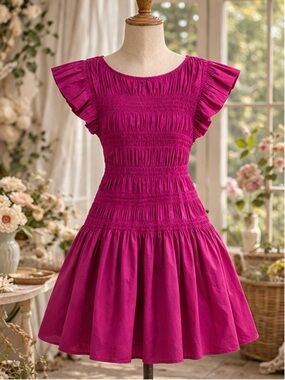 Strut & Bolt Fuchsia Smocked Babydoll Coquette Dress Flutter Sleeve Flare & Fit